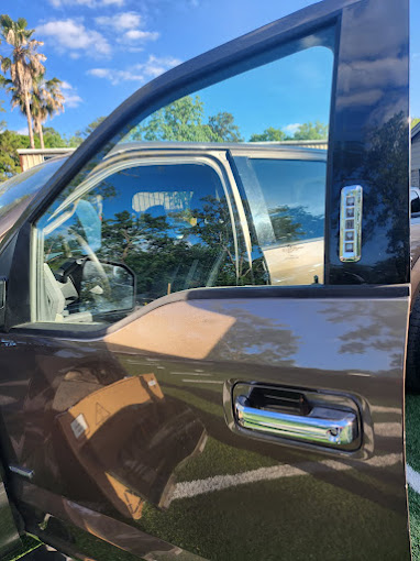 Open car door with palm trees and blue sky reflecting in window